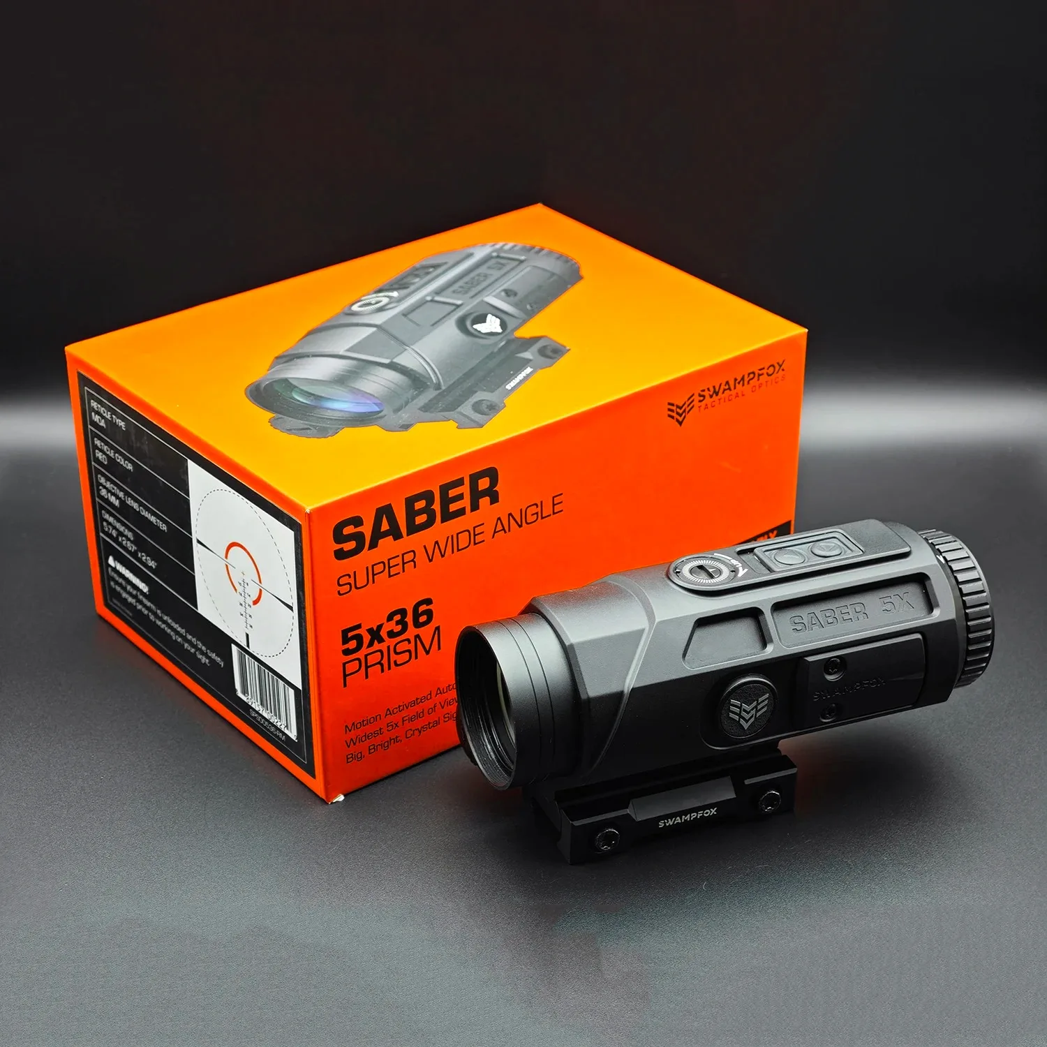 

Swampfox Saber 5X Prism Scope Red/Green Strike MOA Reticle 90° Sidecar Motion Sensing Auto-On Technology ﻿for Hungting