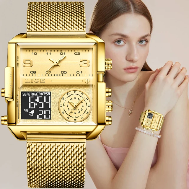 LIGE 2024 moda podwójny wyświetlacz zegarek damski Top marka luksusowe kreatywne kwadratowe zegarki damskie Casual złoty zegarek Relogio Feminino