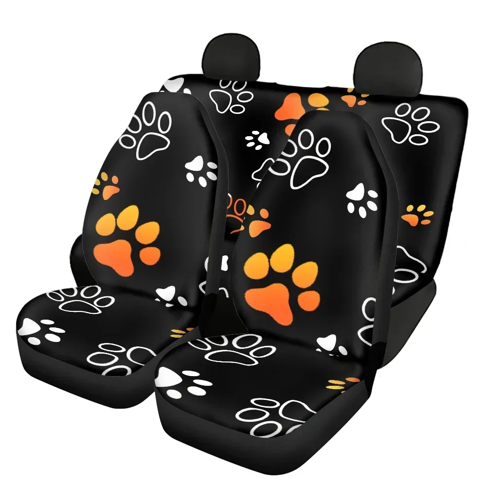 Dog Paw Print Car Seats Cover Full Set 4Pcs Front/Back Seat Protector Custom Black Auto Interior for Woman Men Cartoon Footprint