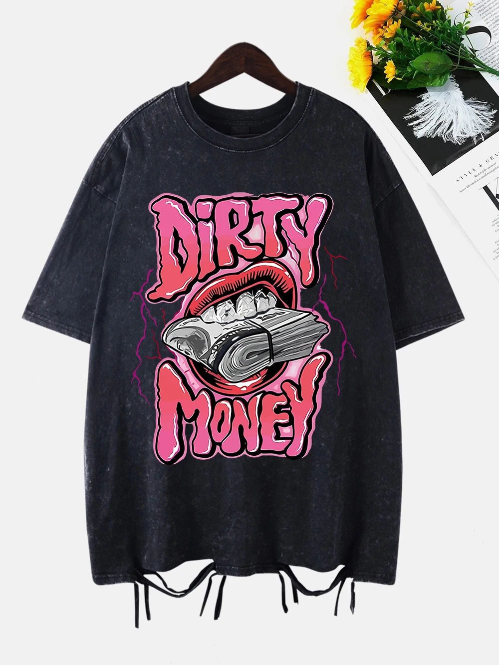 Dirrty Money Printing Washed T-Shirts Womens Cottontops Comfortable O-Neck Oversize T Shirts Summer Casual Womans Streetwear