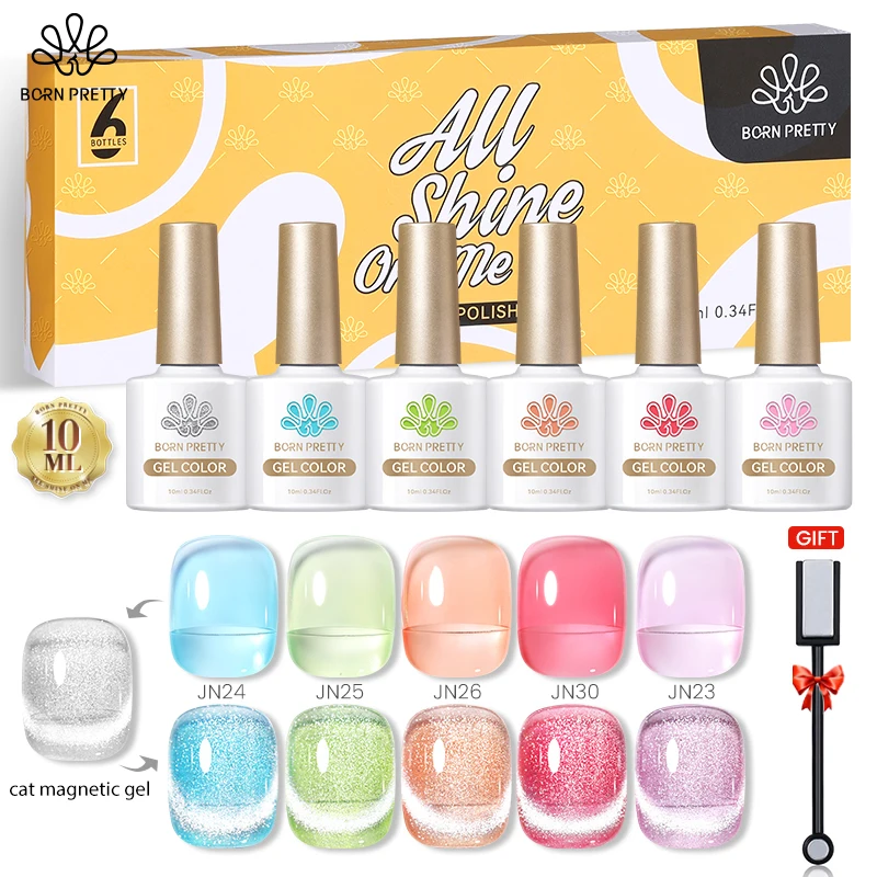 BORN PRETTY 10ml Gel Nail Polish Set 6 Bottles Snowlight Cat Magnetic Jelly Nude Gel Varnish for Translucent Nails DIY At Home