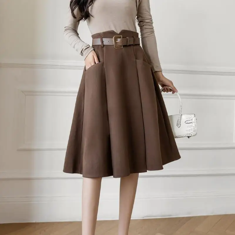 Faldas elegantes de lana acampanadas para mujer, falda larga de cintura alta que combina con todo, estilo coreano, Color sólido, otoño