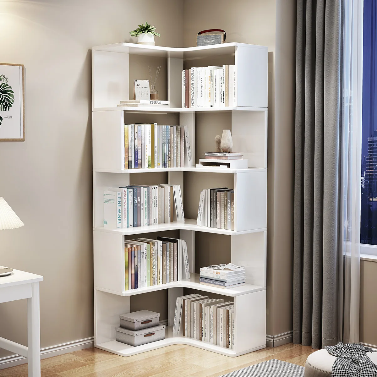 Solid Wood Corner Bookshelf Floor Bookcase Shelf Wall Corner Locker Small Apartment Student Household Storage Rack