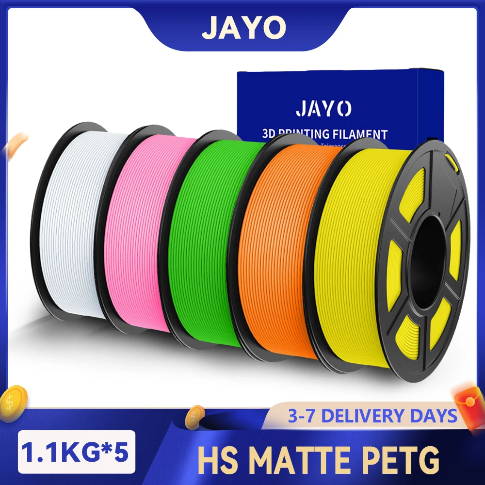 

JAYO 5 рулонов 3D высокоскоростной матовой нити PETG 1,75 мм 30 мм/с - 600 мм/с Диапазон печати Высокопроизводительная скоростная нить PETG для 3D-принтера