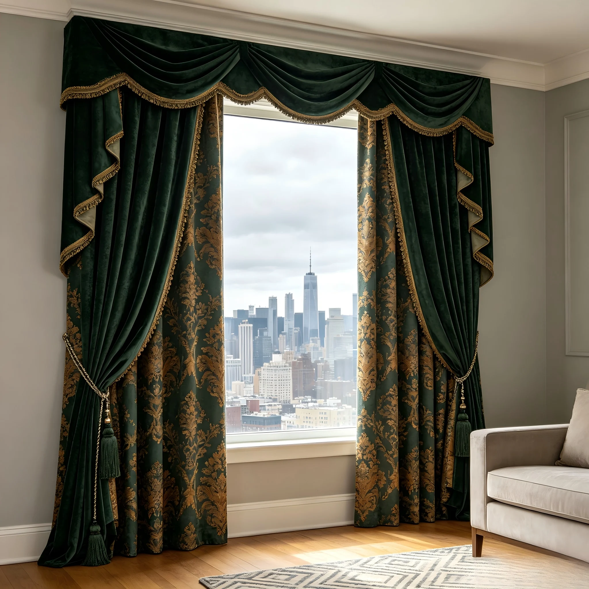 200385   Deep green gold jacquard velvet texture | Retro living room | Tassel pendant curtains
