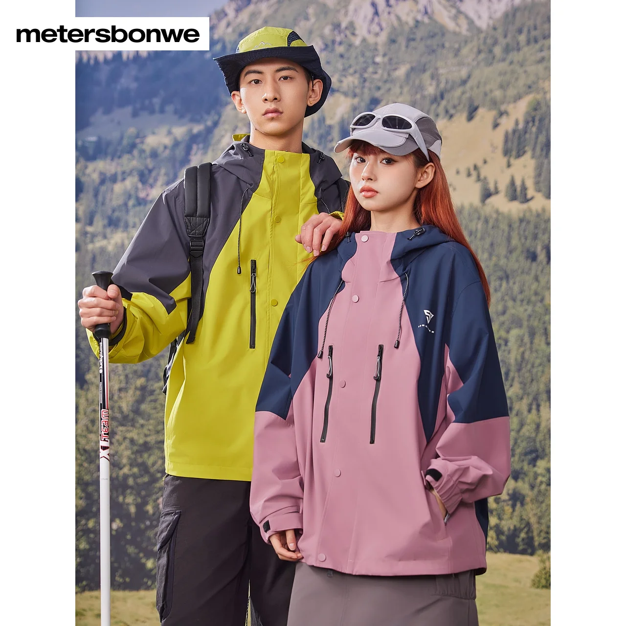 

Metersbonwe-Men's And Women's Waterproof Jacket Wind Oil Poof Simple Color Clash Comfortale Hooded Outdoor Hiking Casual Spring