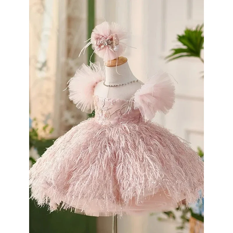 Fashion baby girl princess bling feather dress newborn toddler child sequins Vestido party pageant birthday ball gown