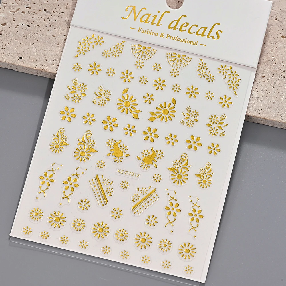 Autocollant pour ongles 3D doré bronzant, fleur de bohémien, feuilles florales métalliques rétro, décalcomanies auto-adhésives, curseur de manucure en fleurs, 1 pièce