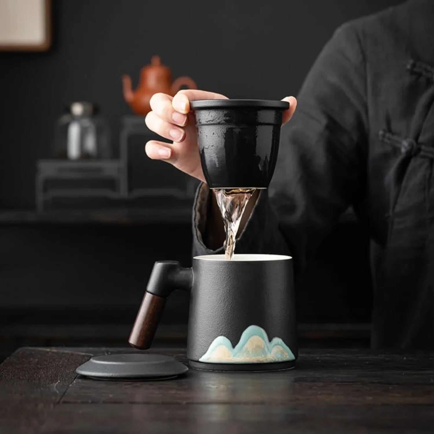 

Tea Cup Mug with Infuser and Lid, Ceramic Tea Infuser Cups Loose Leaf Tea Mugs With Strainer, Official Business Coffee Cup Wood