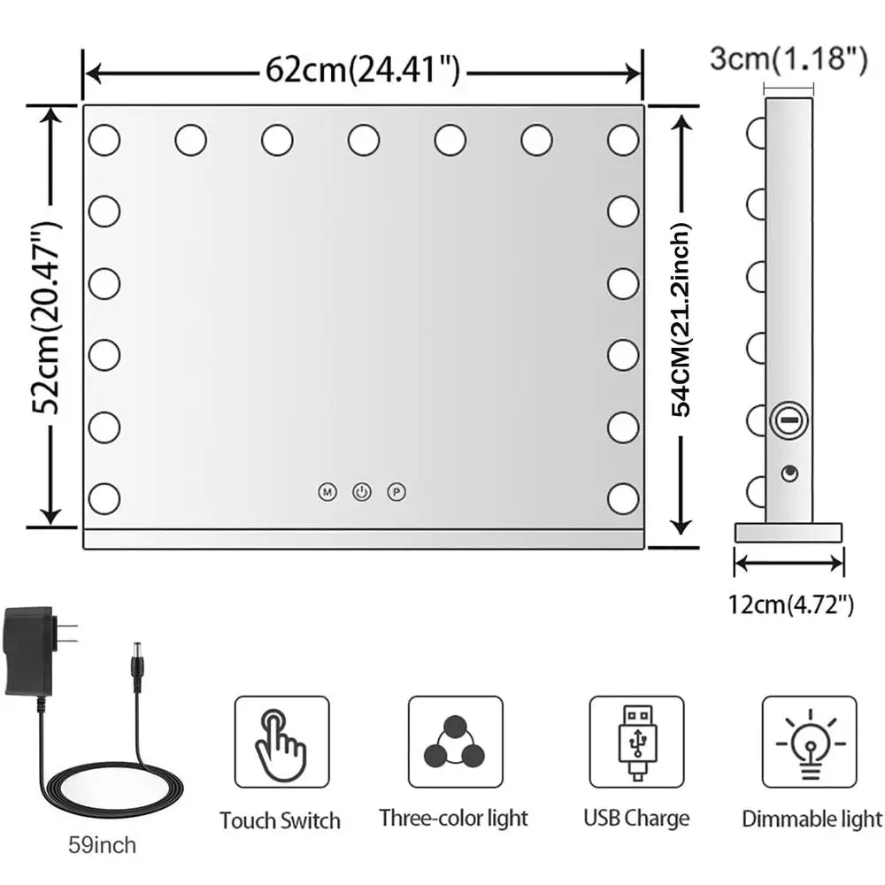 مرآة زينة مضيئة، 24.4 × 21.2، ضوء LED ثلاثي الألوان، منفذ USB، مكبر 10X قابل للفصل، تحكم باللمس، أبيض #6