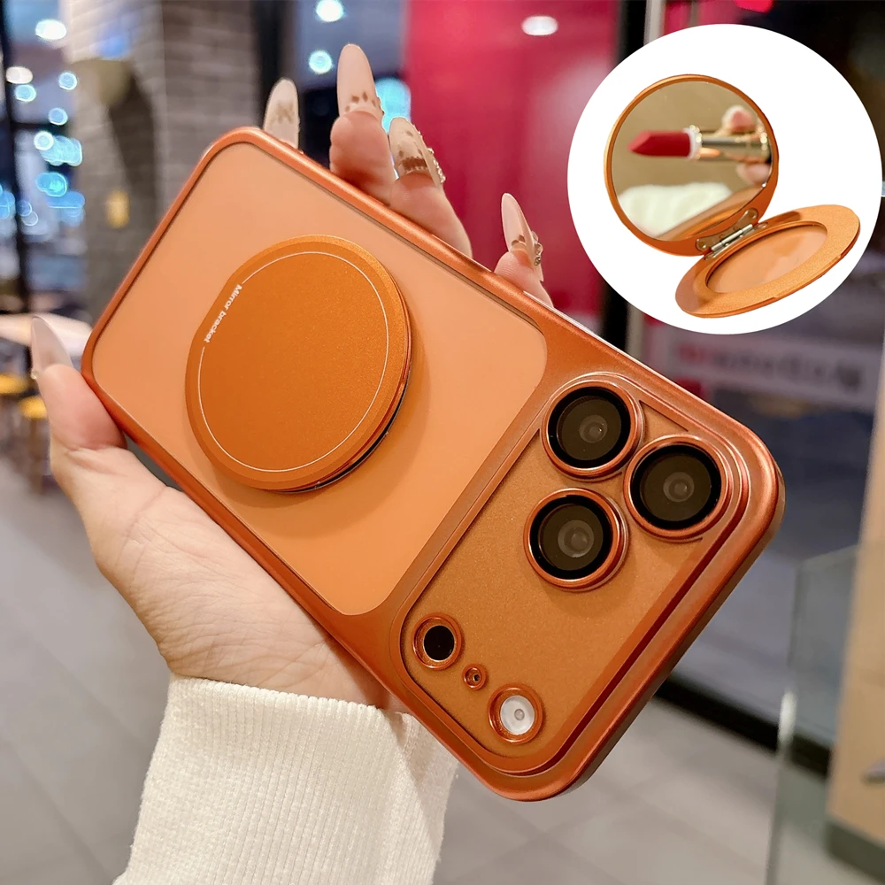 Translucent Kickstand Mirror Case For Magsafe For iPhone 17 16 15 14 Plus 13 12 11 Pro Max Shockproof Funda Lens Protection Case
