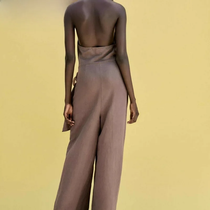 

New Summer Women's Long One-Piece Suit Hemp Blend Fabric Hanging Collar Wrap Effect High Waist Wide Leg Pants Faionable