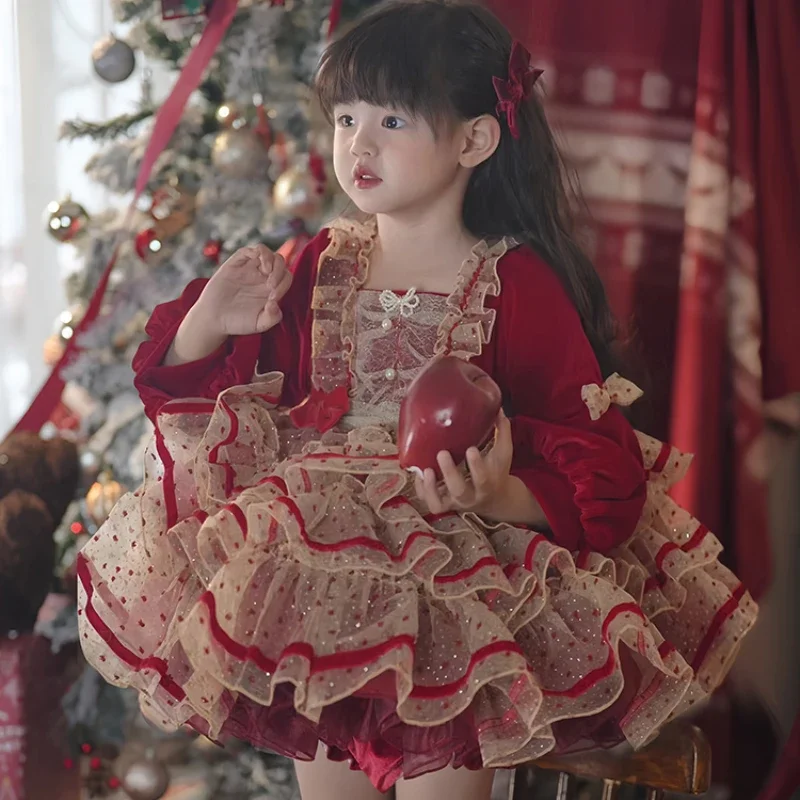 Ins Girls Lolita Princess Costume Festival Red Dress Baby Birthday Yearpiece Dress Fluffy Dress New Year Flower Girl EID Dresses