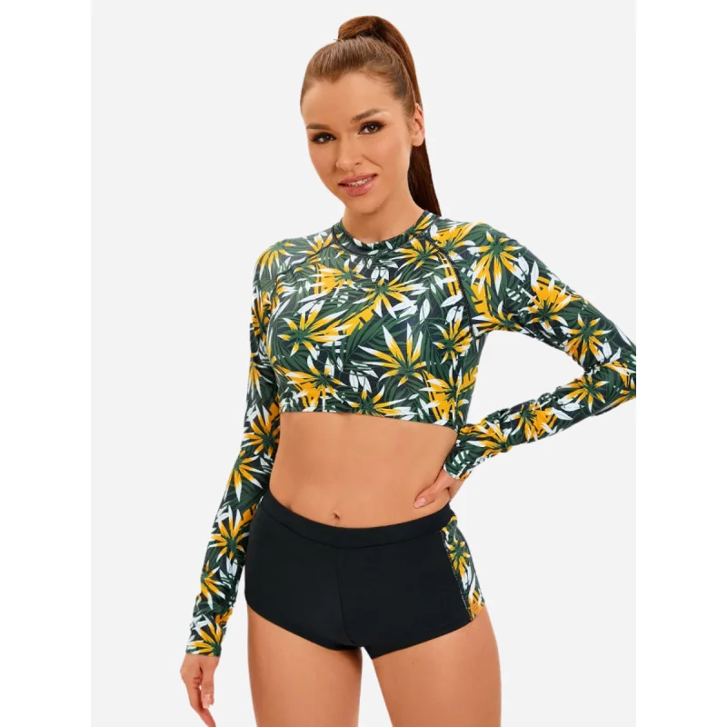 

Женский купальник из двух предметов с цветочным принтом, рашгард, купальник с длинным рукавом, UPF 50+, купальный костюм с высокой талией, купальный костюм для серфинга