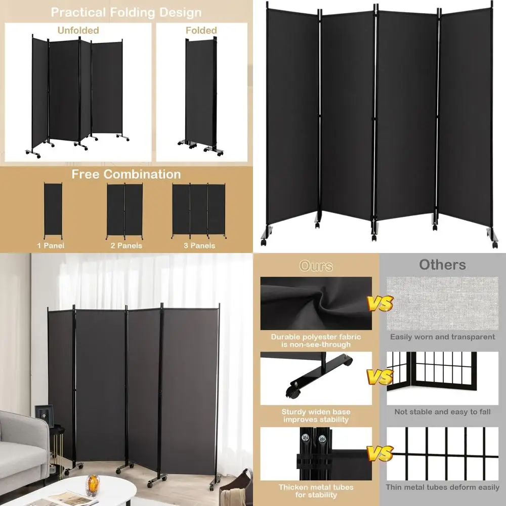 

4-Panel Fabric Privacy Screen with Metal Frame, 6FT Tall, Rolling Wheels for Home and Office (Gray)