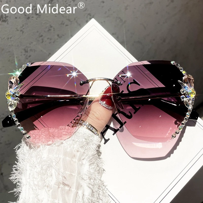 

2023 Fashion Brand Design Vintage RimLuless Rhinestone Sunglasses Women Men Retro Cutting Lens Gradient Sun Glasses Female UV400