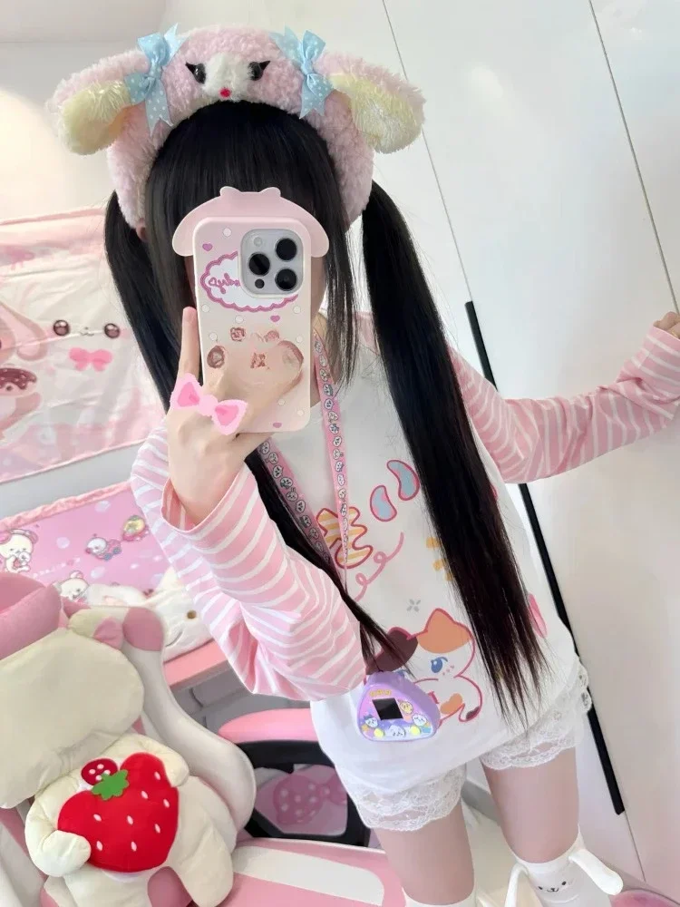 HOUZHOU Y2k Harajuku Cuteore футболки женские в японском стиле милый полосатый лоскутный свободный свитшот с мультяшным принтом мягкая девушка 2024