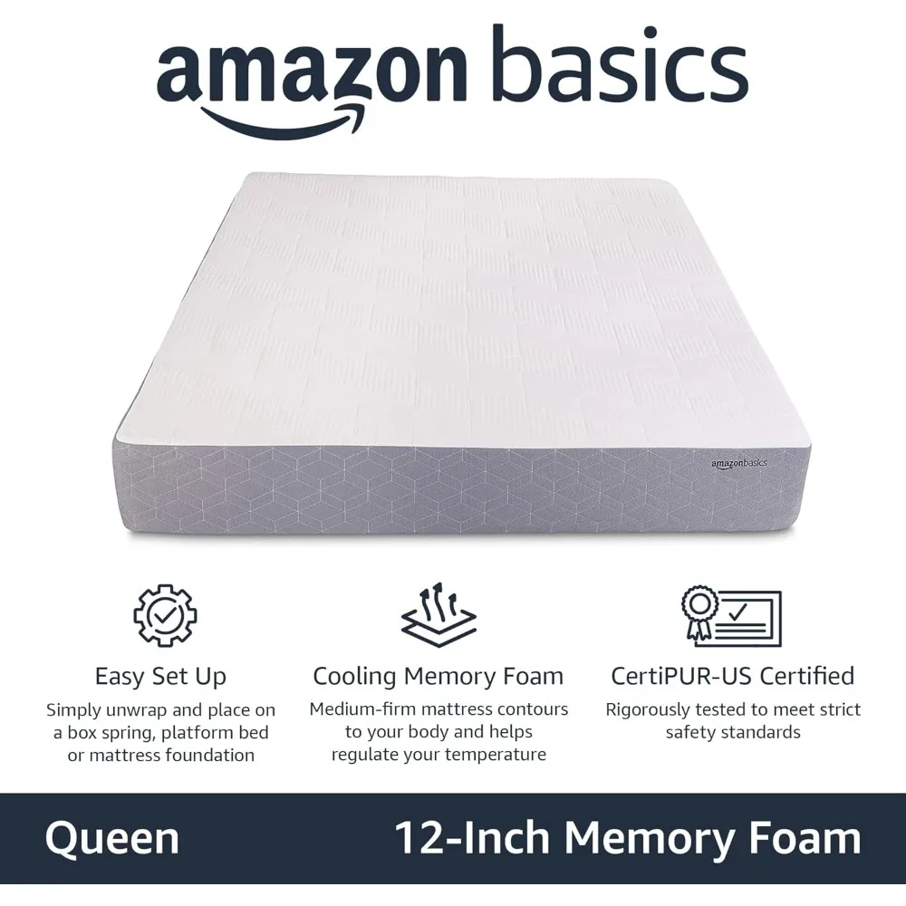 Cooling Gel-Infused, Medium-Firm Memory Foam Mattress, CertiPUR-US Certified - Queen Size, 80 x 60 x 12 inches, White/Gray