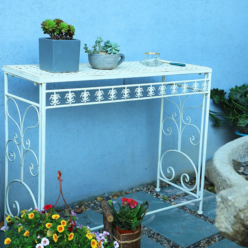 Foreign order white old garden wrought iron grocery table outdoor balcony courtyard shelf terrace decorative flower stand