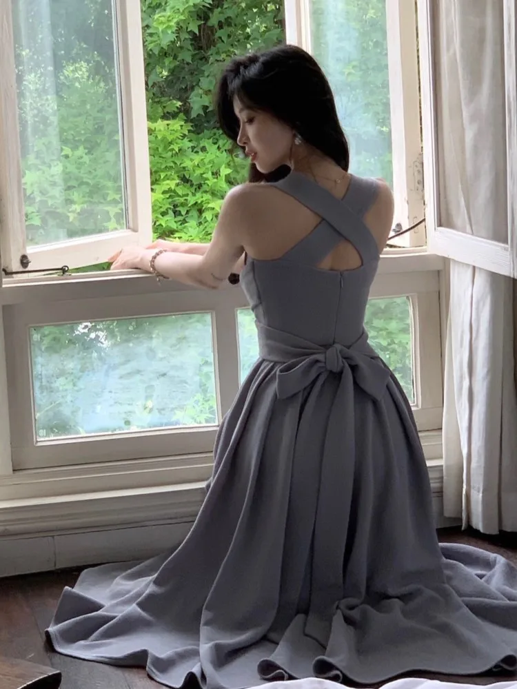 korean grey dress Elegant Midi Women Summer 2023 korean dress