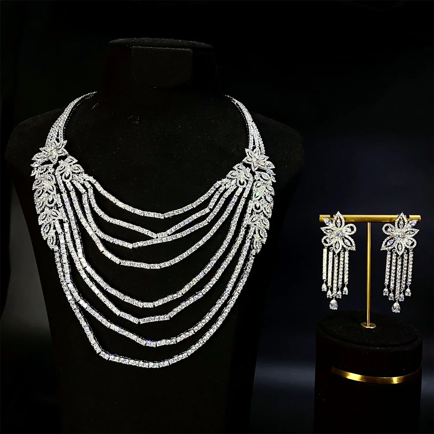 

Classic Cubic Nigerian Jewelry Set for Women Multilayer Crystal Necklace and Earrings Bridal Weeding Engagement Accessories