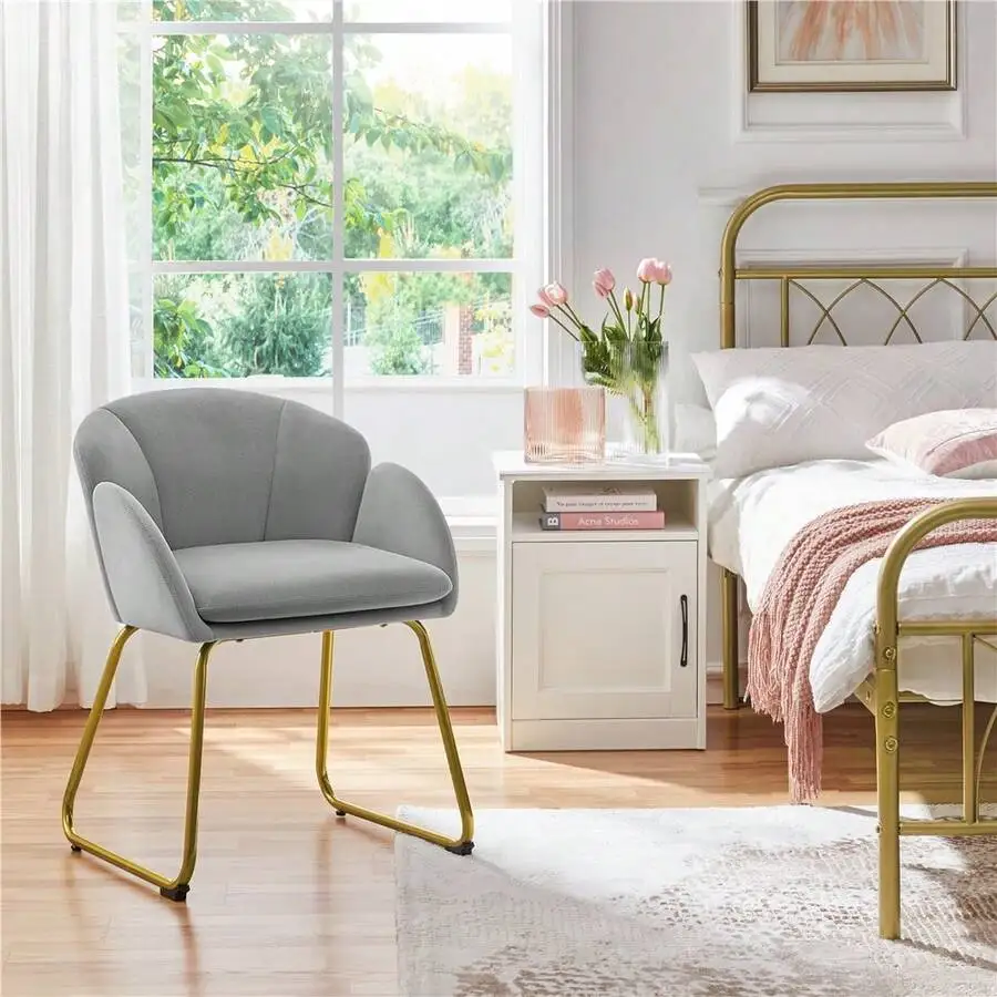 Butterslay 1PC Modern Velvet Vanity Accent Armchair - Gold Metal Legs Flower Shape Seat Flared Backrest, Space-Saving Floor-Protect Chair For Bedroom Living Room Small Space Makeup Room, White/Pink/Green/Gray/Black