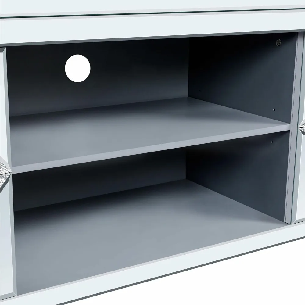 حامل تلفزيون بمرآة، خزانة تلفزيون فضية مع خزائن تخزين وأرفف مفتوحة، خزانة تلفزيون 60 بوصة لغرفة المعيشة، ترفيهية