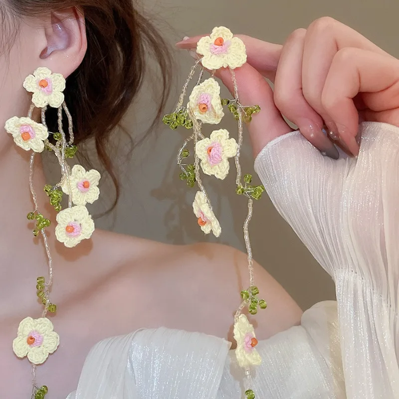 

Minar Handmade Woven Flowers Glass Beads Crystal Strand Tassel Long Drop Earrings for Women Wholesale Casual Holiday Jewelry