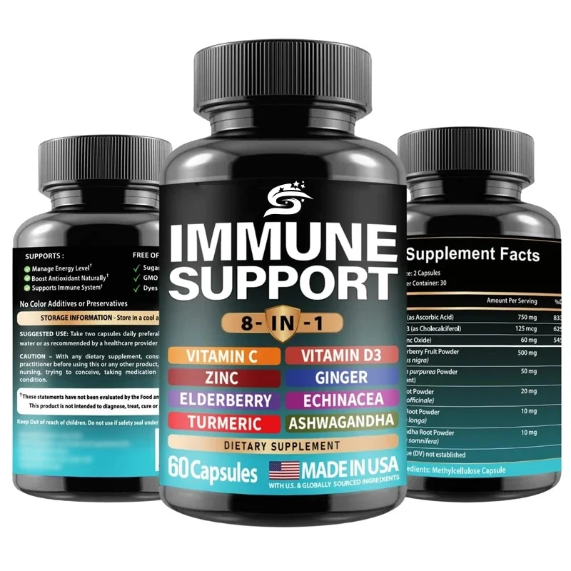 

Immune Support Supplement Containing Echinacea, Vitamin Zinc, Turmeric, South African Drunk Eggplant, Elderberry -60 Capsules
