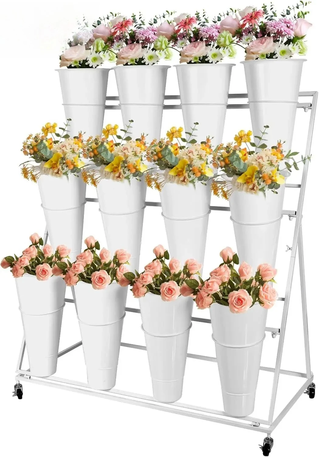 Flower Display Stand with Buckets, 3 Layers 12PCS Buckets Metal Flower Cart Display Stand with Wheels, for Patio