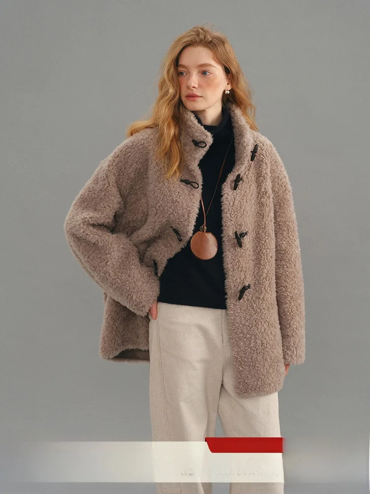 Who Peach Hand Long Stand Collar eepskin Coat Women Loose Slimming Versatile Winter Warm Top Commute Sle Thi Wool