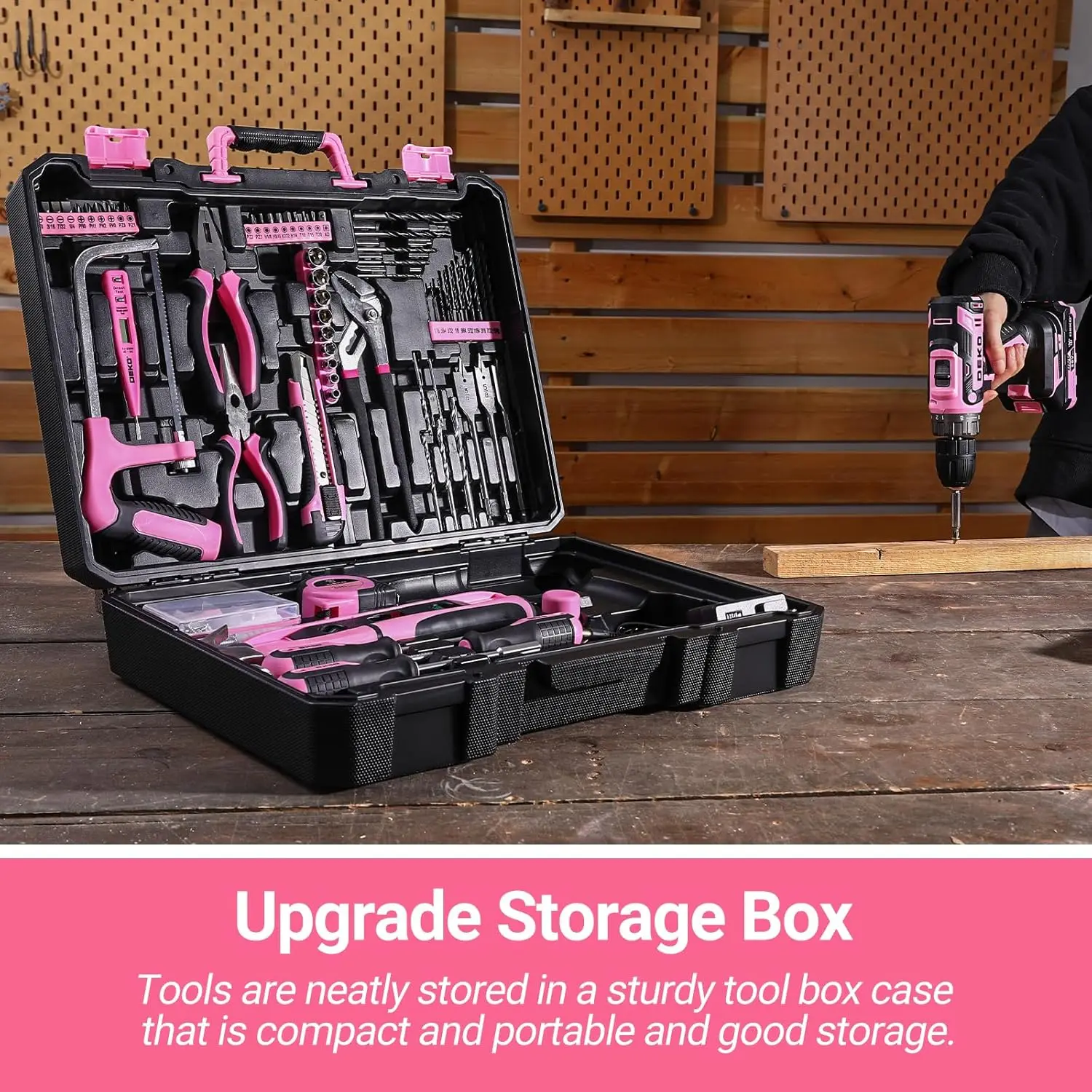 Pink Cordless Drill Kit: 20V Electric Tool Set with Battery & Storage Box
