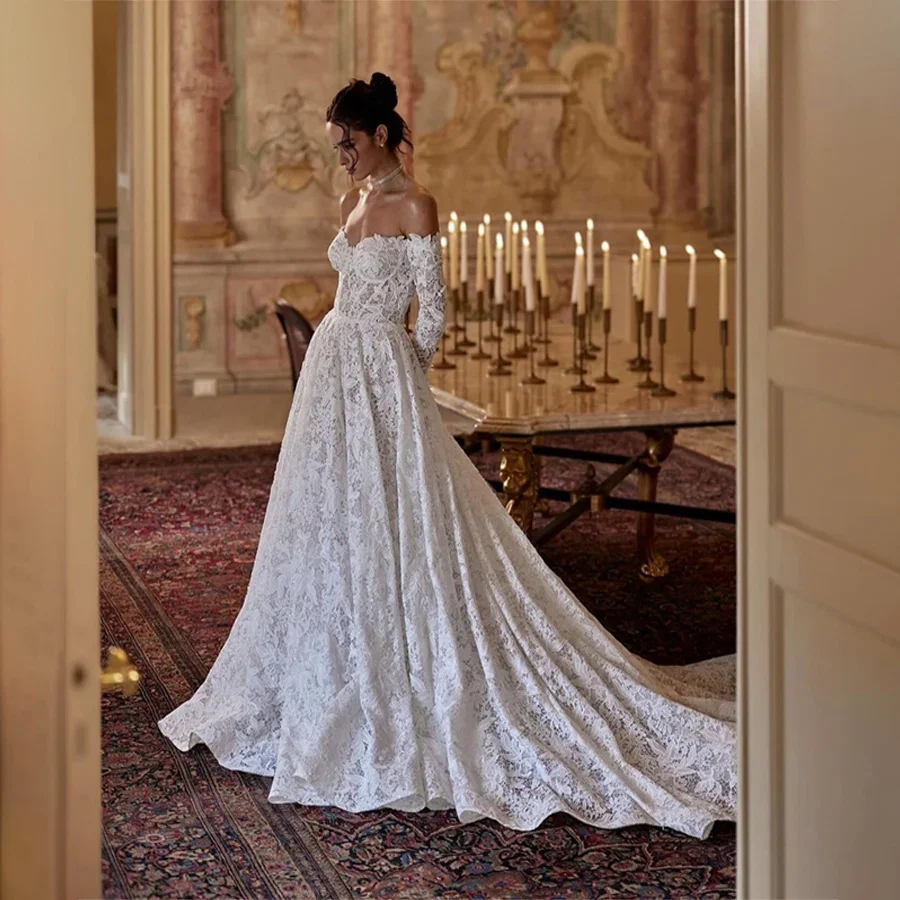 

Flavinke Customized Elegance Charming Fashion Sweetheart Lace Wedding Dresses Sleeve A-line Backless Zipper Size Bridal Gowns