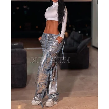 골드 스탬핑이 있는 루즈 스트레이트 레그 청바지, 스타일리시 개성있는 레트로 바지, 패션 트렌드 청바지, 스트리트웨어, 핫 세일