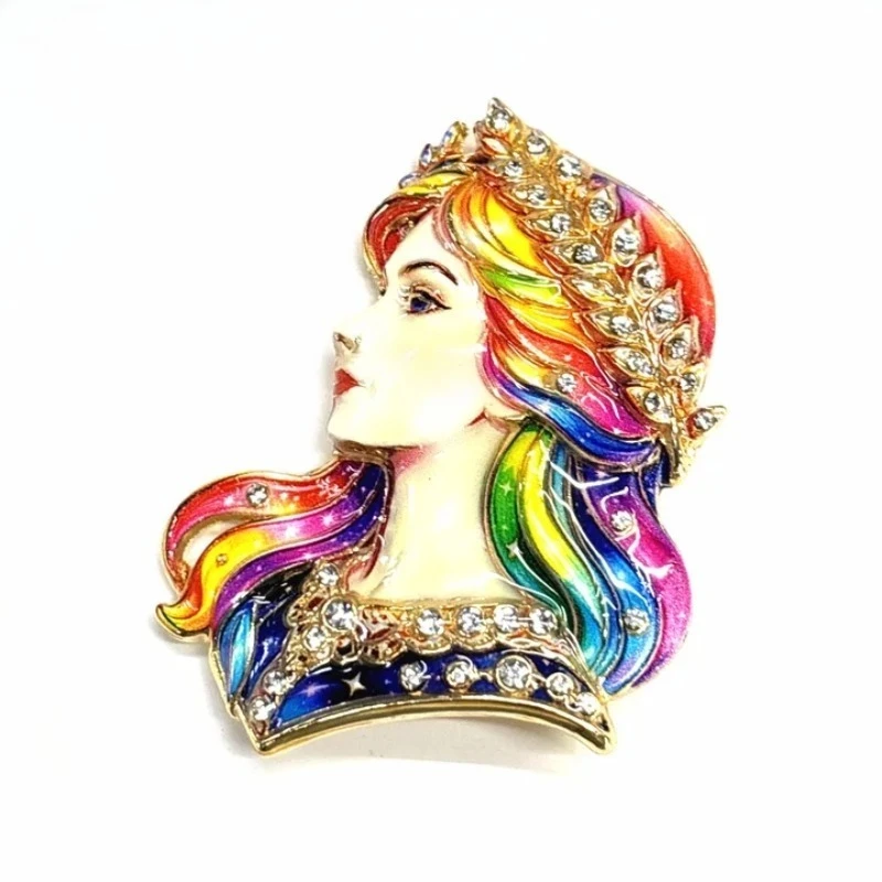 Vintage Blue White Enamel Lady Profile Brooch Rhinestone Laurel Metal Pin Jewelry Gift