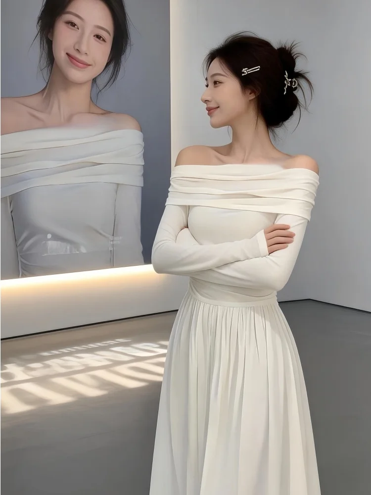 

Milk White One-oulder Long Sve Dr Spring 2026 New Sle French Sle Pure Color Midi A-Line Skirt Women's Faion