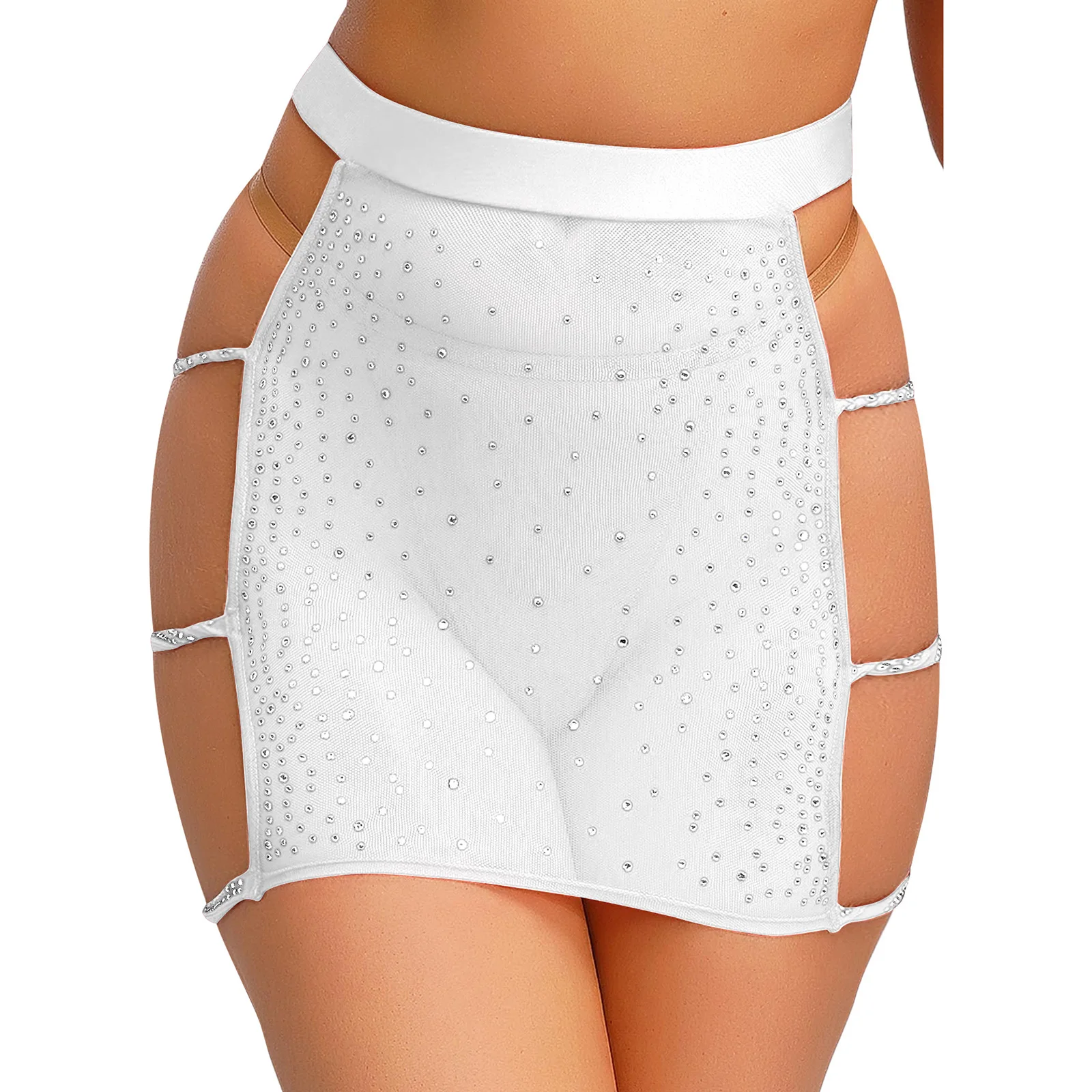 

Womens Sparkly Sheer Mesh Sexy Miniskirt Solid Elastic Waist Side Hollow Out Bodycon Skirt See Through Skirt Clubwear Nightwear