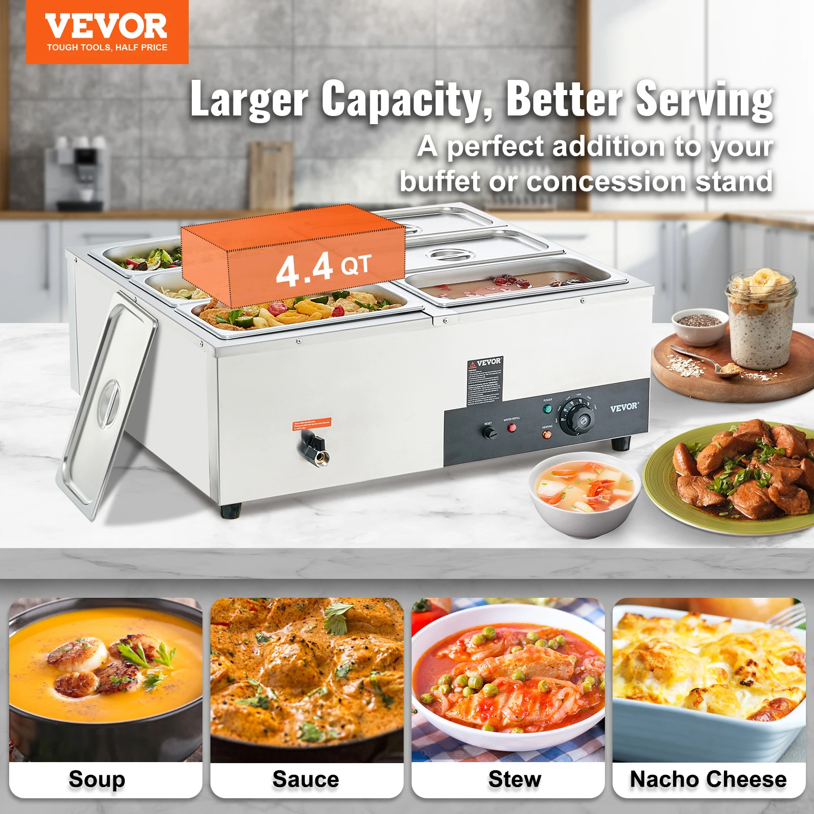 VEVOR Food Warmer Electric Steam Table 1200W Stainless Steel Buffet Bain Marie W/86-185°F Temp Control for Catering&Restaurants