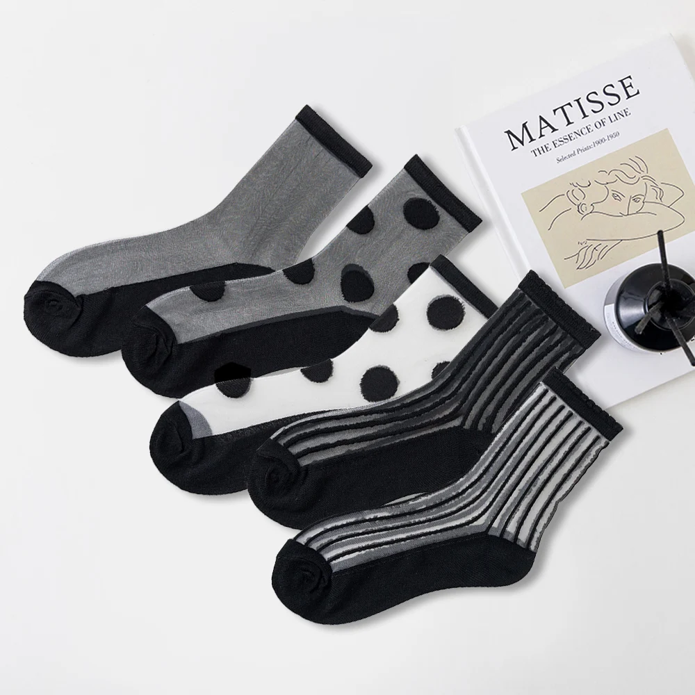 الجوارب النسائية مثير الدانتيل النساء الجوارب الصيف رقيقة جدا شفافة الجوارب Harajuku عادية تنفس أسود أبيض شريط طاقم جورب