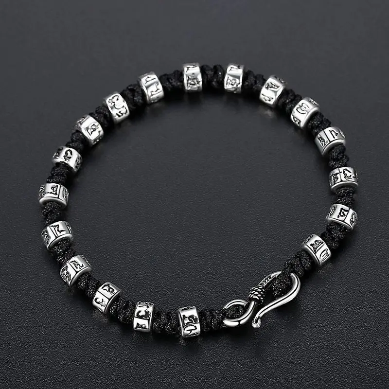 

Exquisite Retro S925 Silver Bracelet Woven Black Rope Round Ball Six-Character Mantra Chain Lucky Jewelry Gift for Men