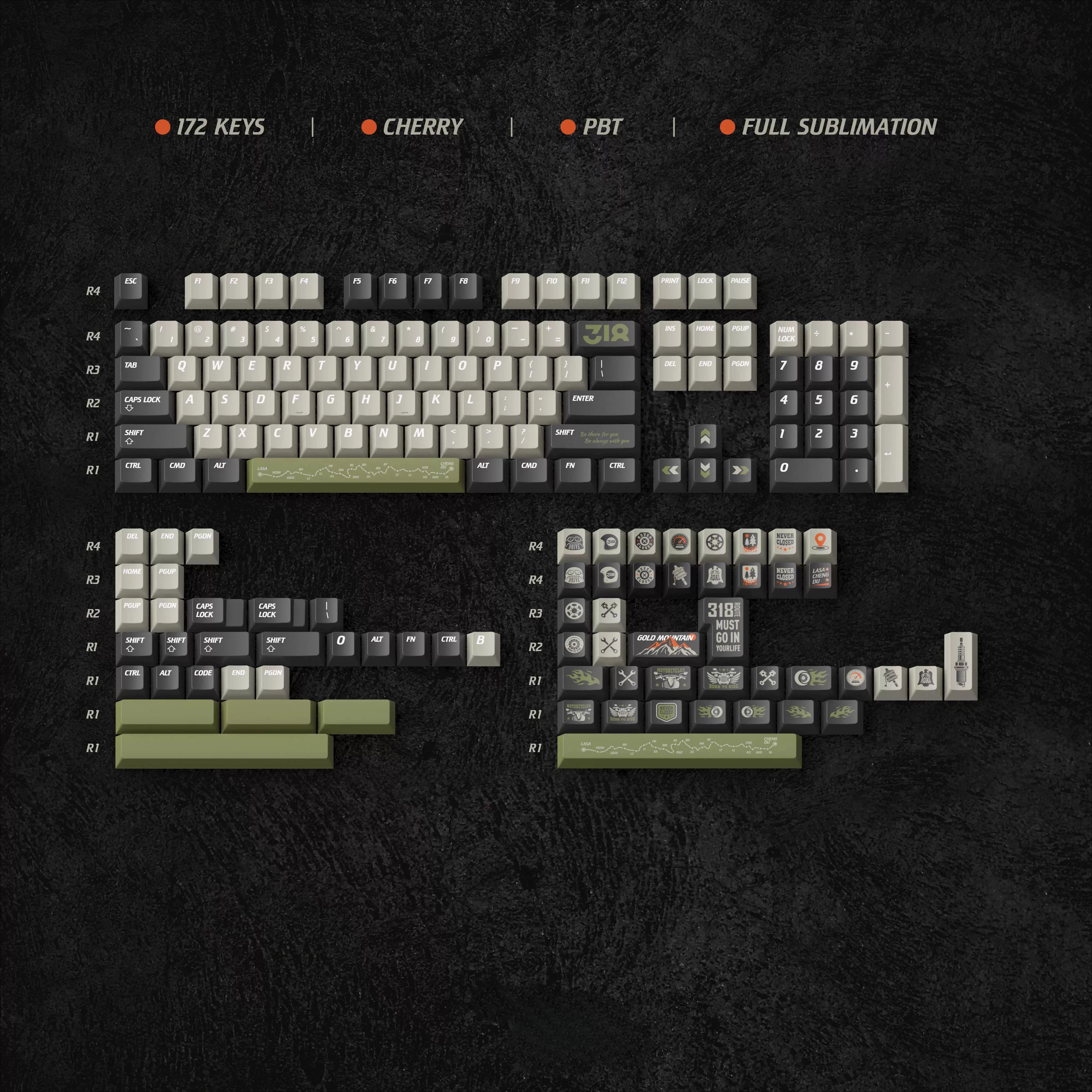 

Оригинальная тема шоссе Keycap-318, оригинальная 172-клавишная пятисторонняя сублимационная механическая клавиатура из ПБТ