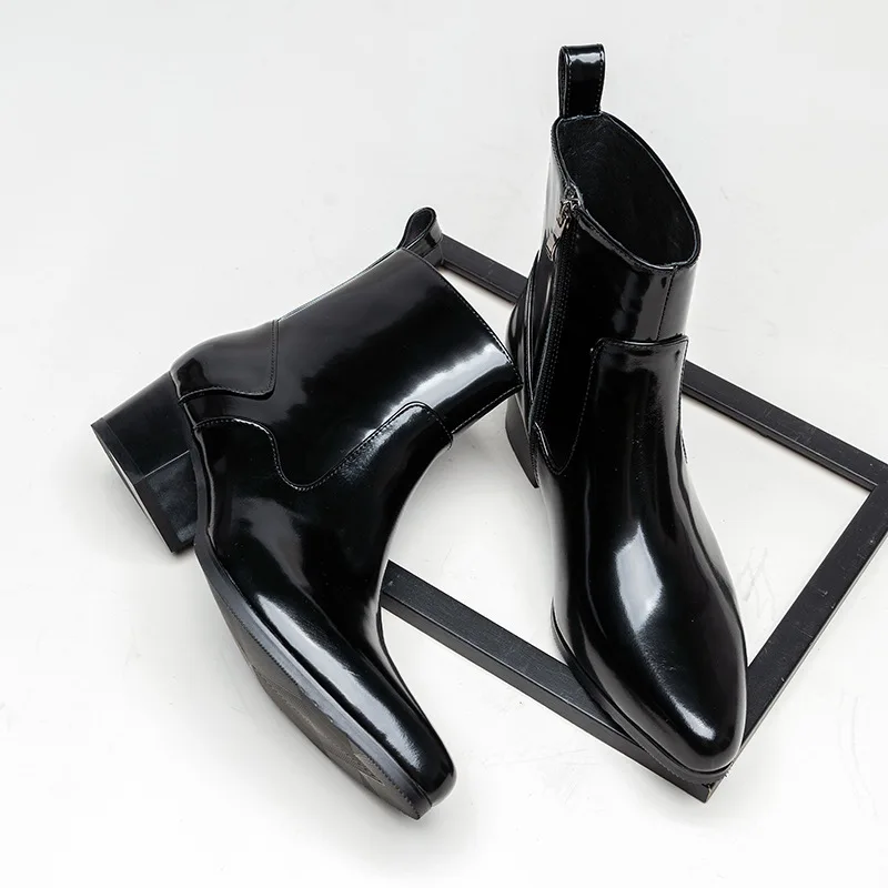 Cool Man Must Get Shining Patent Leather Pointed Toe Short Boots Men's Winter Dinner Party Formal Dress High-heeled Shoes Suit