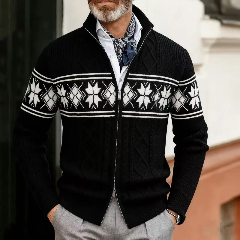 

New Men's Casual Stand Collar Christmas Sweater Fashion Jacquard Loose Large Size Knitted Cardigan Jacket