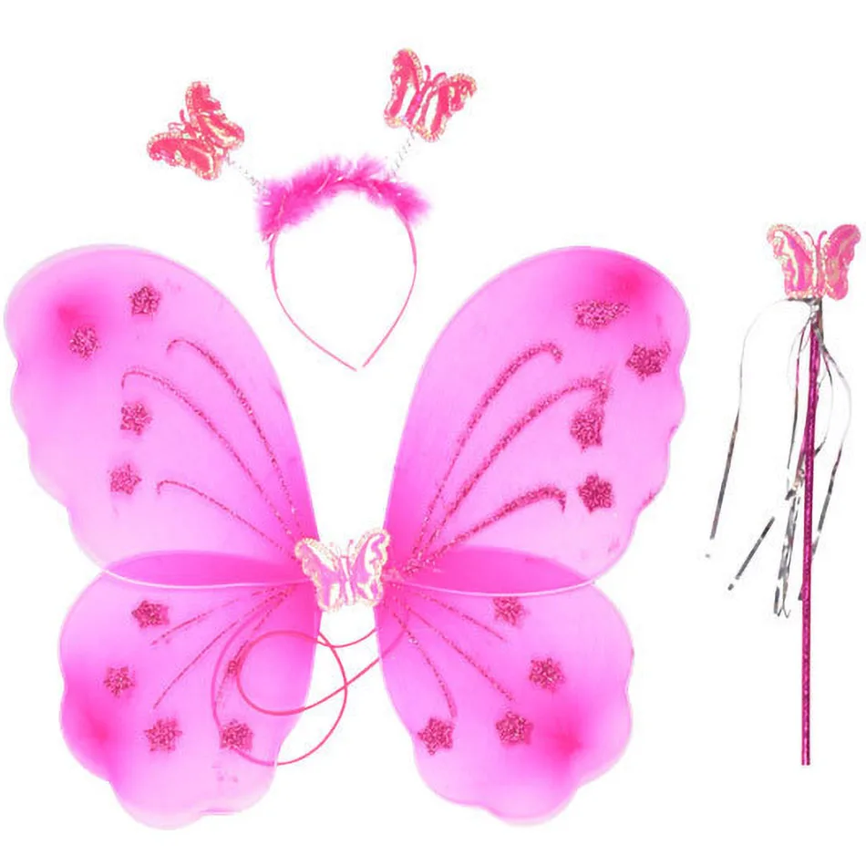 Kids Butterfly Headband Wings Wand 3 Pcs Set Girls Summer Photography Outfit Children Silk Yellow Green Purple Pink Color Props