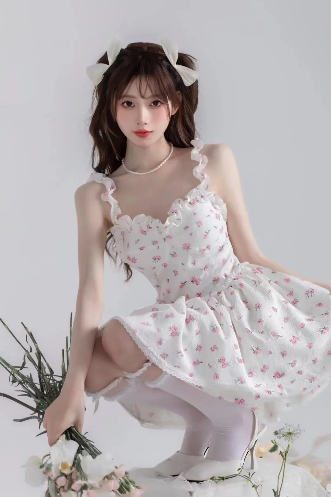 

High Quality Hot Selling Super Fairy Floral Princess Dress Waist Cinched Hem Two Layers Lace Sexy Elegant Dress Vestido Veste