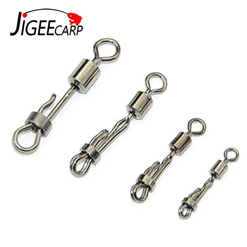 JIGEECARP 10pcs/lot Carp Rolling Swivel with Lock Snap 8 Shape Ring Carp Fishing Pellet Line Connector Fishing Accessories