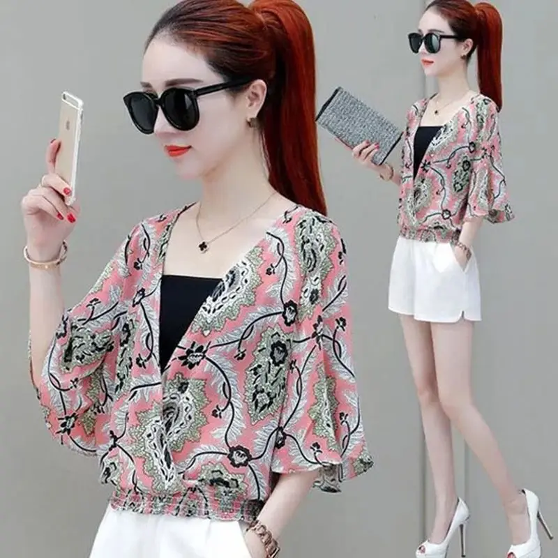 Women's Summer Fashion Elegant Simplicity Printing Short Sleeve Shirts Women Clothes Loose All-match Casual Temperament Tops