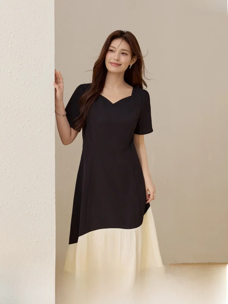

Moonlight Rose Heart Collar Splice Color Block Draped Dress A-Line Midi Skirt Short Sleeve V-Neck Commute Style plus Size Wom...