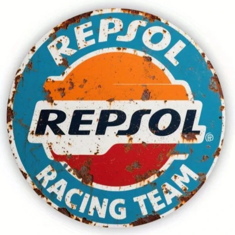 2D Vintage REPSOL Lubricate Oil Round Tin Sign Auto Repair Decoration Wall Plaque Metal Signs with Holes Garage Tin Plate Decor