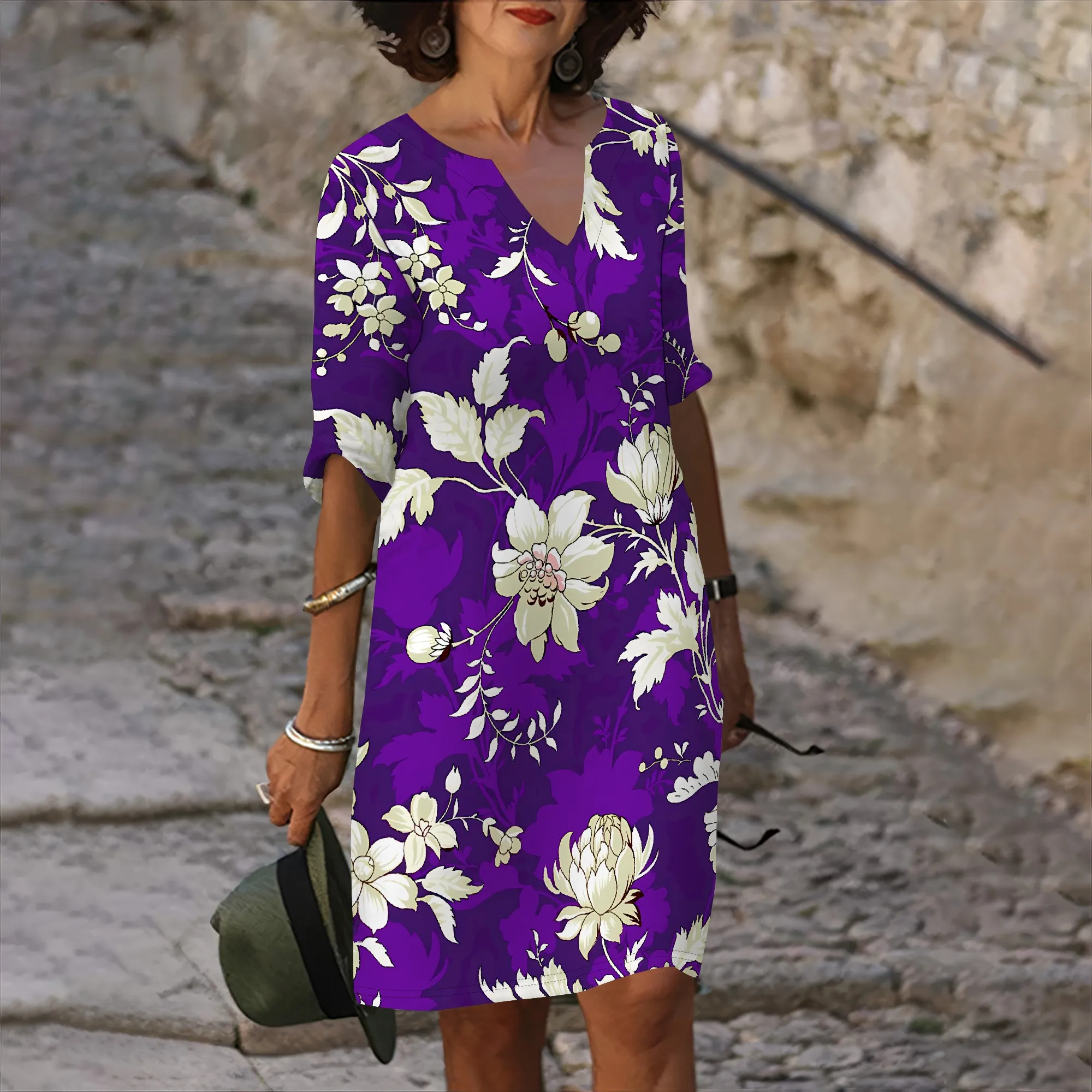 Nupusa Floral Print Dress for Women Standard Size Summer Casual V Neck Half Sleeve Dress